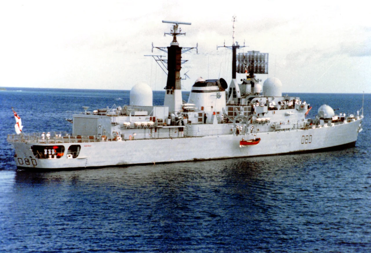 HMS Sheffield at Diego Garcia. February 1982