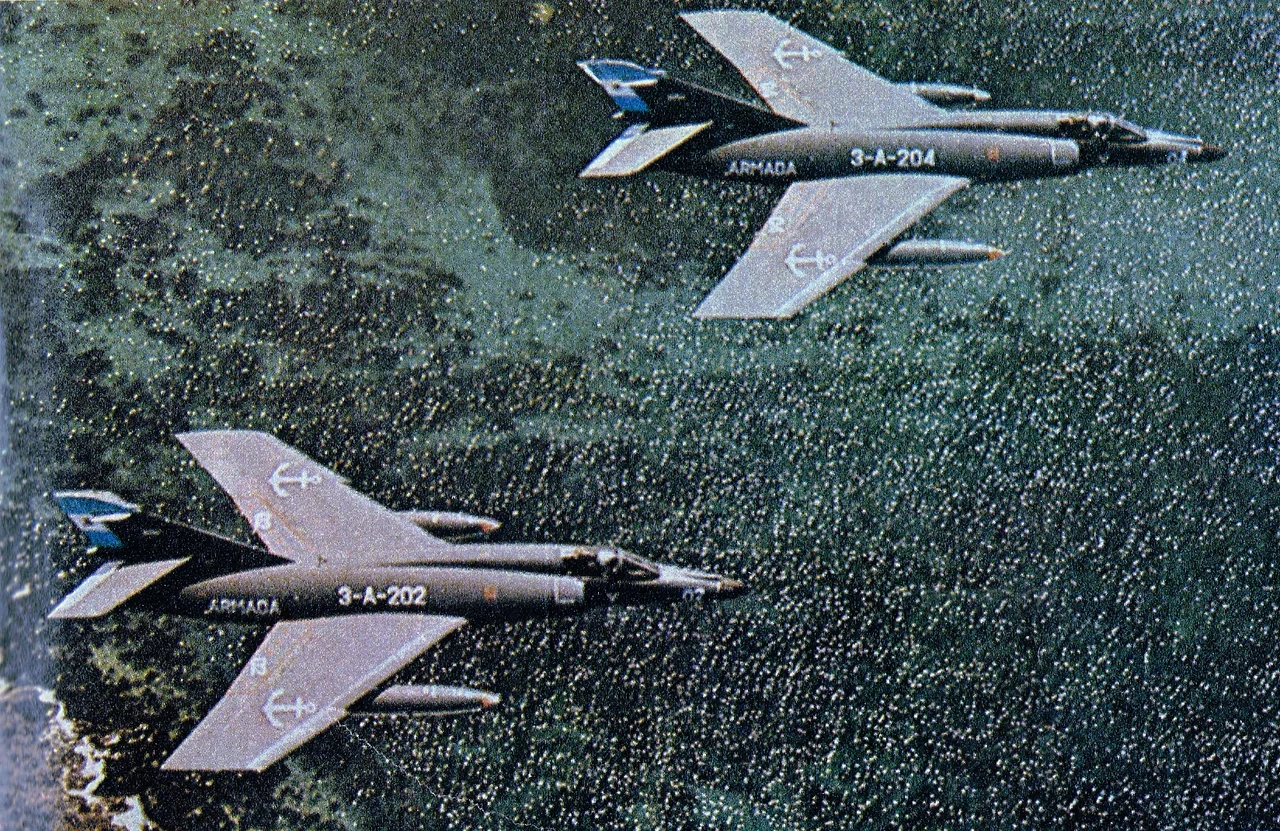 Super Etendard (SUE) of the Argentine Navy in 1982. The British Task Force South was attacked by several SUE armed with "Exocet" AM 39 missile, during the Falklands War.