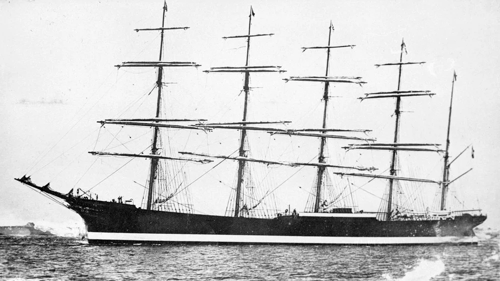 Five-masted barque „Potosi“ compensating her compasses at Blexen on the Weser river, prior to the start of her maiden voyage on July 26, 1895.