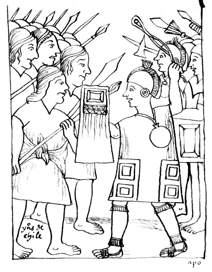Huamán Poma de Ayala's picture of the confrontation between the Mapuches (left) and the Incas (right)
