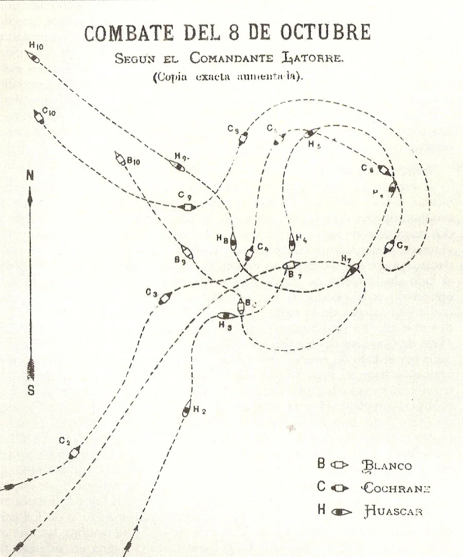 Sketch of the naval battle of Angamos.
During the War of the Pacific, between Chile against Bolivia and Peru, the peruvian ironclad Huáscar fought against the chilean ironclads Cochrane and Blanco Encalada and the chilean gunboat Covadonga on 8 october of 1879.