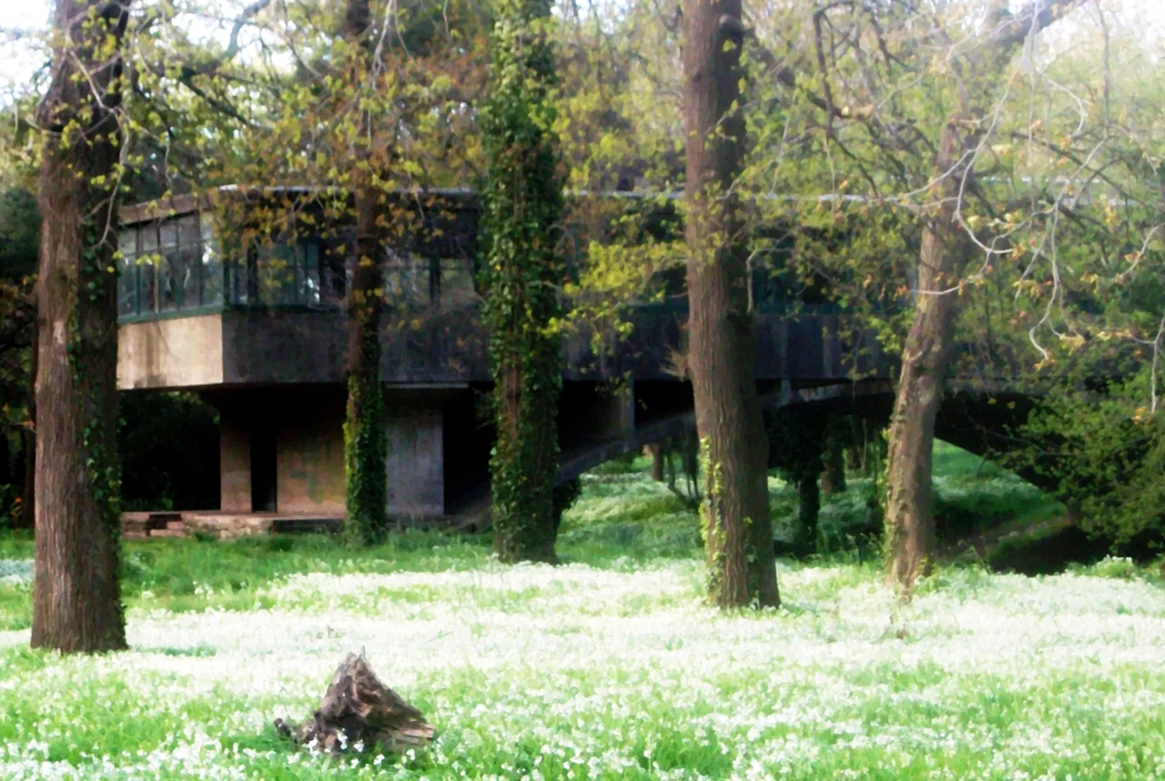 Detail of Casa del Puente, also known as "Casa sobre el arroyo", designed by architect Amancio Williams in 1943, Mar del Plata, Argentina. Watercolor effect.