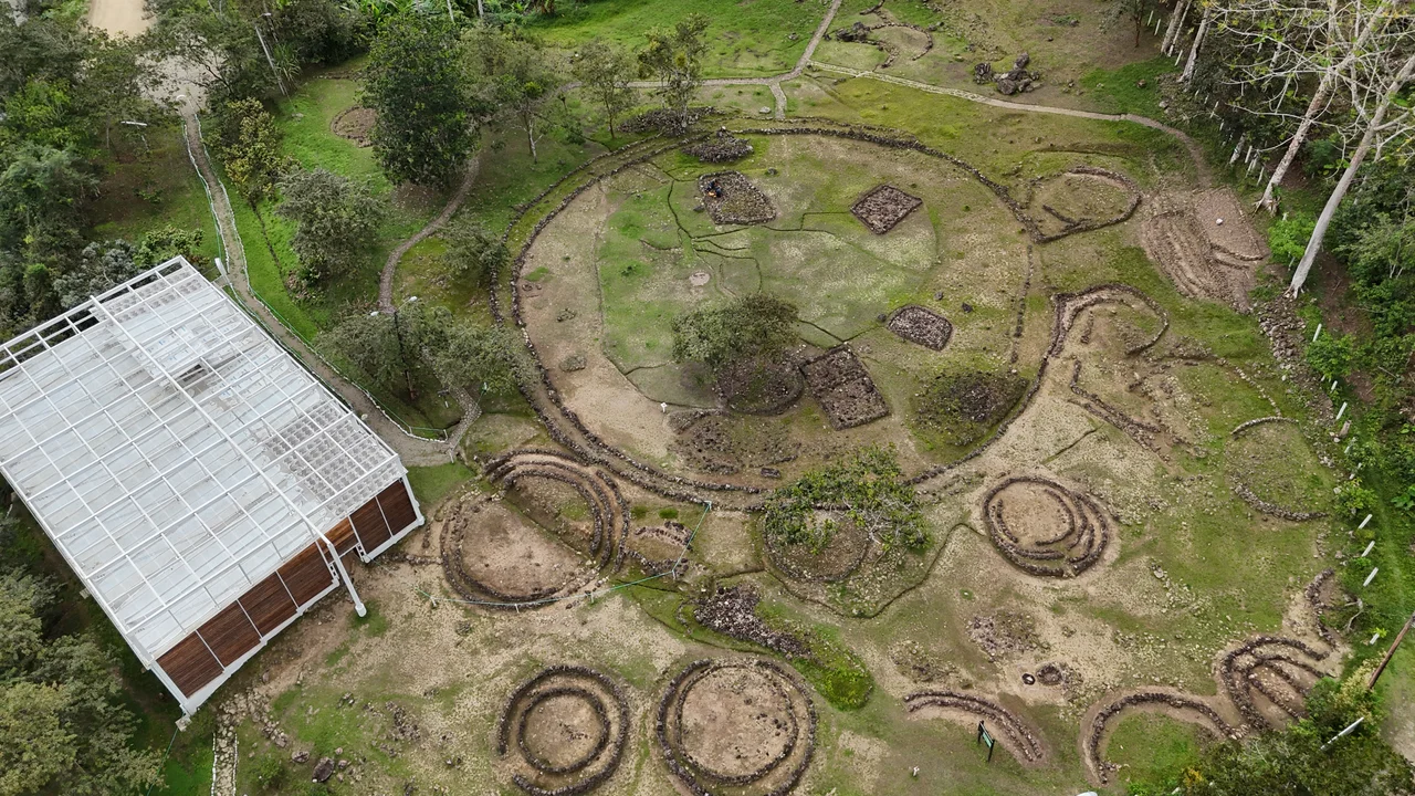 Aerial view of the archaeological site of Santa Ana-La Florida. In Zamora Chinchipe, Ecuador. The picture shows the remains of aracheological structures as they are preserved by the site museum.