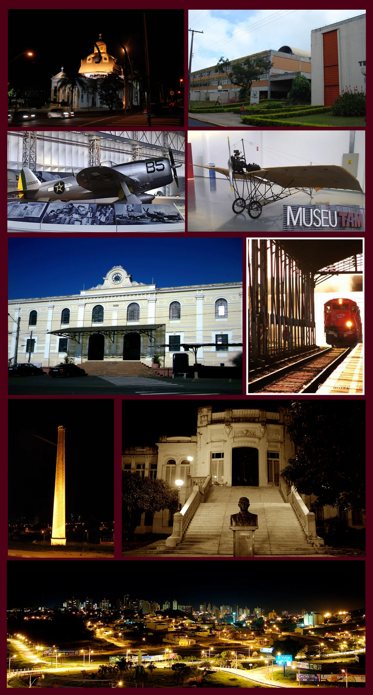 Cidade de São Carlos no estado de São Paulo, Brasil (a partir de cima, esquerda): Catedral de São Carlos, UFSCar, P-47D Thunderbolt e Demoiselle 22 (do Museu Asas de um Sonho), Estação Ferroviária de São Carlos, Parque da Chaminé, Escola Álvaro Guião e um panorama da cidade