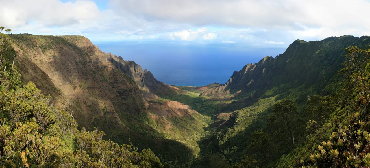Photographer: myself, Gh5046
A stitched panorama of the en:Kalalau Valley taken 2007/08/30 from the Na Pali Kona Forest Reserve Pihea Trail in the en:Koke'e State Park in Hawaii.
The photo was stitched from several other photos, cropped and resized, otherwise it is in its original state.