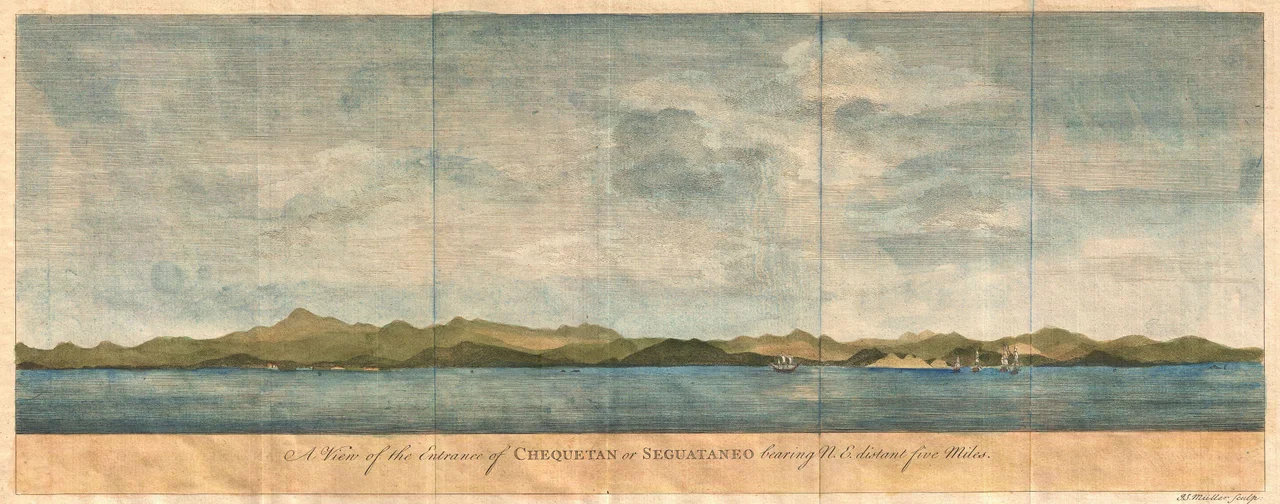 An extremely attractive 1748 coastal view of the Mexican harbor of Zihuatanejo by George Anson. Today Zihuatanejo is a stunningly beautiful resort area in Guerrero, Mexico, about 250 km north of Acapulco. This area was originally named Cihuatlán in Aztec, which means “Place of Women”, referring to the matriarchal society that dominated the region in pre-Columbian times. Details the harbor beautifully showing mountains, a fort, and several sailing vessels. Coastal views such as these were created to help early navigators recognize important coastlines from far out to sea.