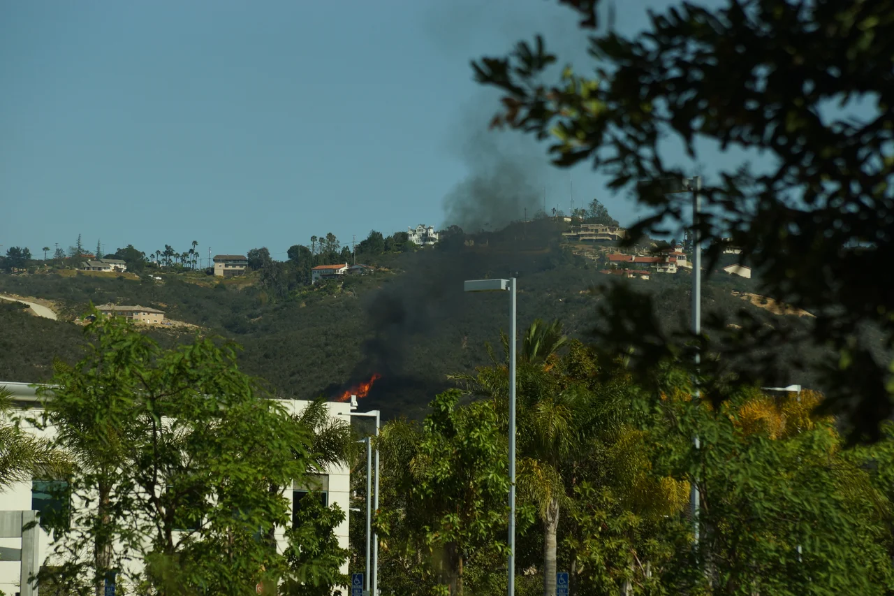 This photo shows the beginning time frame of the Cocos Fire. In the background, up on the hill, is the last remnant smoke from the Washingtonia Fire - whose embers started the Cocos Fire, according to testimony in court. This photo was used in the trial of the juvenile found guilty of setting the fire.  Google pin points to San Marcos, California as location.
