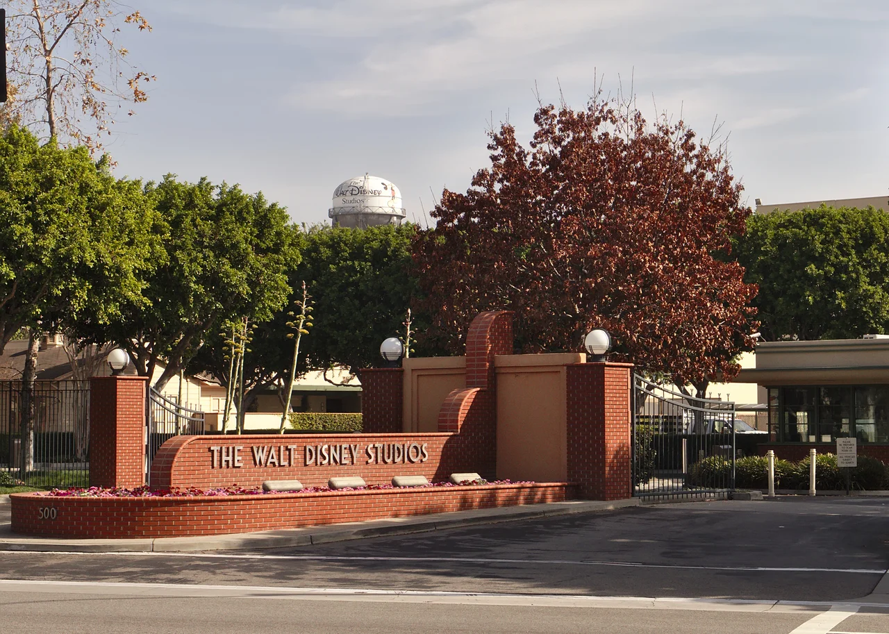 The entrance gate to Walt Disney Studios at 500 South Buena Vista Street in Burbank, California.