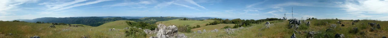 Full 360 degree panoramic image taken from the summit of Black Mountain in the w:Monte Bello Open Space Preserve in the Santa Cruz Mountains - Santa Clara County, CA.
Broadcasting station can be seen in the background.
Part of the Midpeninsula Regional Open Space District system.