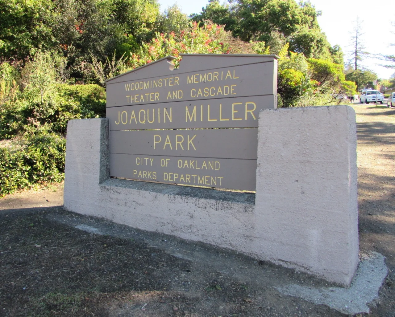 Sign for Joaquin Miller Park, a state park in Oakland, California.