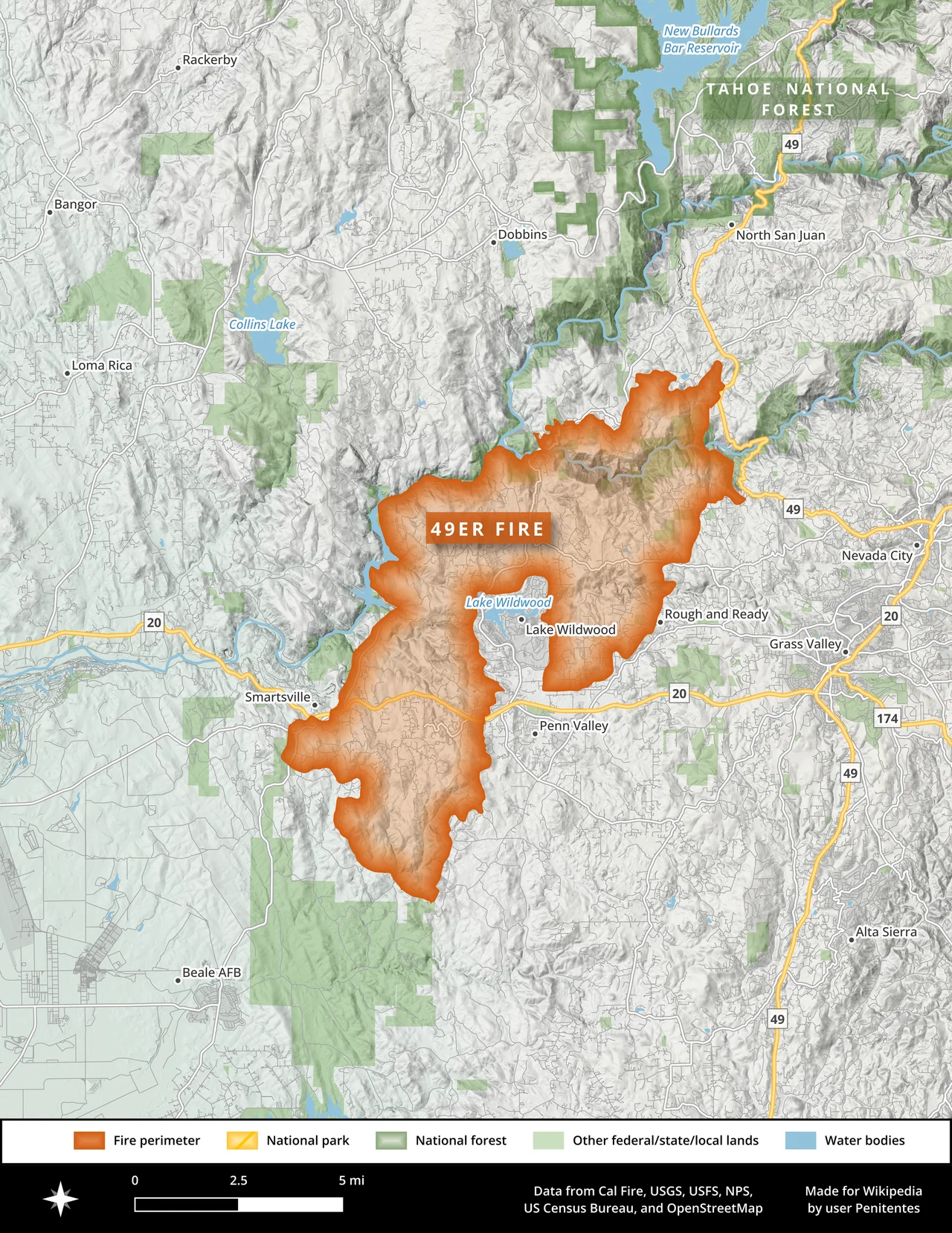 This is a map of the footprint of the 1988 49er Fire in California's Nevada and Yuba counties. This image was made in QGIS using data from the California Department of Forestry and Fire Protection (Cal Fire), the National Hydrography Dataset (NHD), OpenStreetMap, and others.