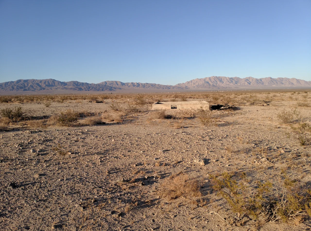 Foundation of a derelict recreational cabin in Wonder Valley, California