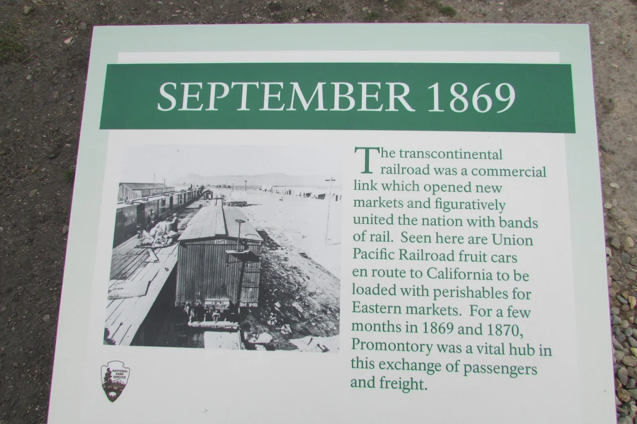 The Union Pacific Railroad and the Central Pacific exchanged freight at Promontory for a few months, until agreements allowed for joint use of the tracks, at the Meeting of the Rails, May 10, 1969.