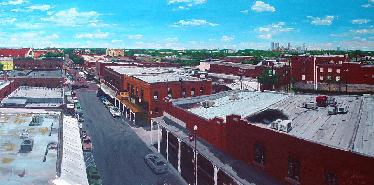 Ft Worth Stockyards and Skyline by Ryan Vojir
It includes: The Coliseum/Rodeo, Exchange Ave. (with ceremonial twice-daily Cattle Drive of Longhorns by Cowboys) Main St., Tarrant County Courthouse, the Bass (Wells Fargo) and (D.R. Horton) Towers, and few other Ft. Worth buildings in the distance on the far right.