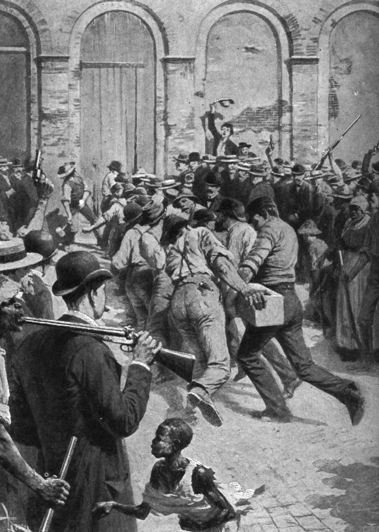 An episode of the lynching of the Italians in New Orleans in 1891 after the murder of police chief David Hennessy. The citizens breaking down the door of the parish prison with the beam brought there the night before for that purpose.