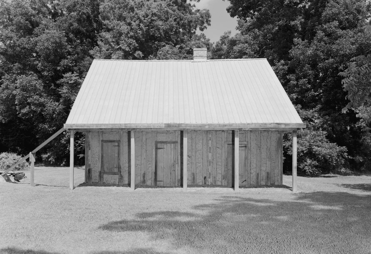 Front of the Badin-Roque House, located south of Natchez in Natchitoches Parish, Louisiana, United States.  Built in 1830, it is believed to be the only known poteaux-en-terre house in the United States outside of Ste. Genevieve, Missouri, and it is listed on the National Register of Historic Places.