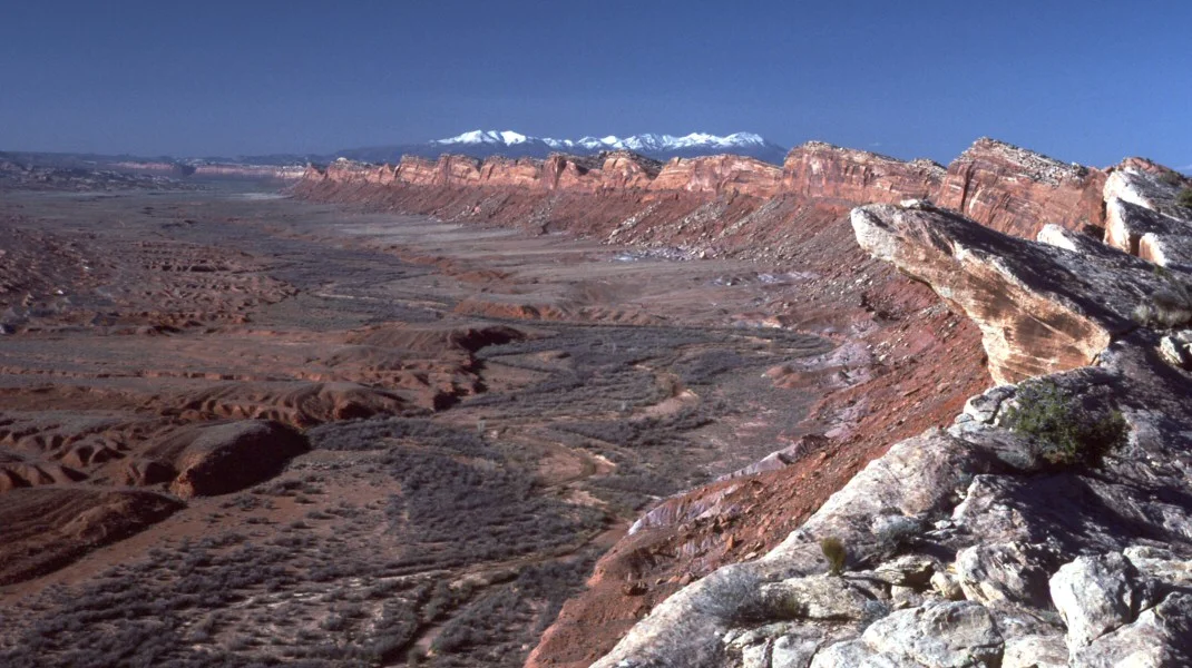 Comb Wash, Utah, looking north from near Hwy 163. The Abajo Mtns. are seen in the distance.