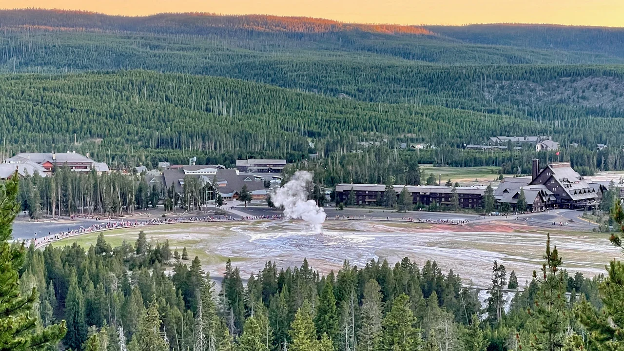 View from Observation Point of Old Faithful, the Old Faithful Inn, and other buildings in the Old Faithful Historic District, Wyoming.