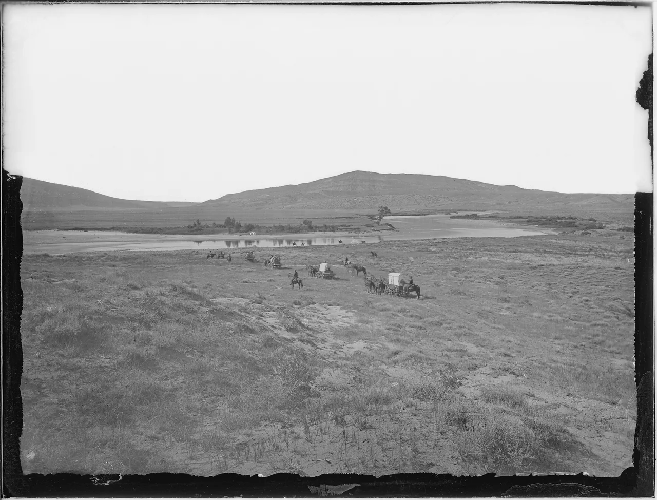 Scope and content: Original caption: View of the Red Buttes at what is now known as Bessemer Bend, a notable point of the old Oregon Trail where the Oregon Trail left the North Platte River for the Sweetwater. The approximate location of a massacre of 23 U.S. troopers in 1865, which occurred at the same time as the death of Caspar Collins at that bridge, for whom the town of Casper was named.