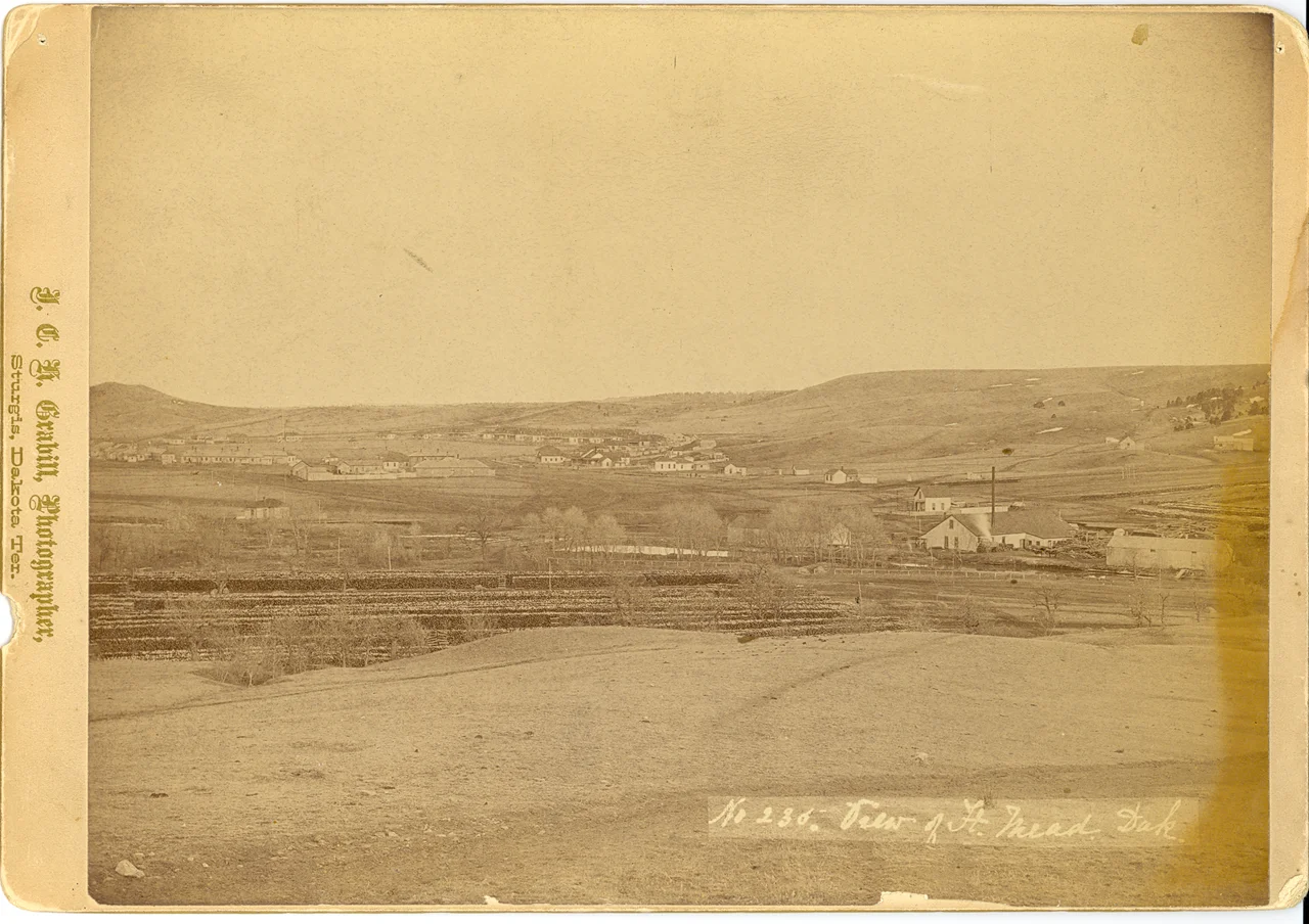 LIBI_00015_00604; An albumen photograph, mounted on card, of panoramic view (acute) of Fort Meade, sepia-toned, original, full view; produced by J. C. H. Grabill, circa 1882; stain or discoloration on lower left corner.; print, photographic [mounted on card];Courtesy of the National Park Service, Little Bighorn Battlefield National Monument, LIBI_00015_00604, J. C. H. Grabill, "Panoramic View of Fort Meade, South Dakota," circa 1882.
Keywords: little bighorn battlefield national monument
