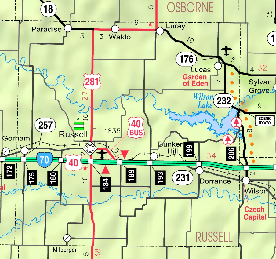 This map of Russell County, Kansas, USA, is copied at a resolution of 300 pixels/inch from the original PDF file.