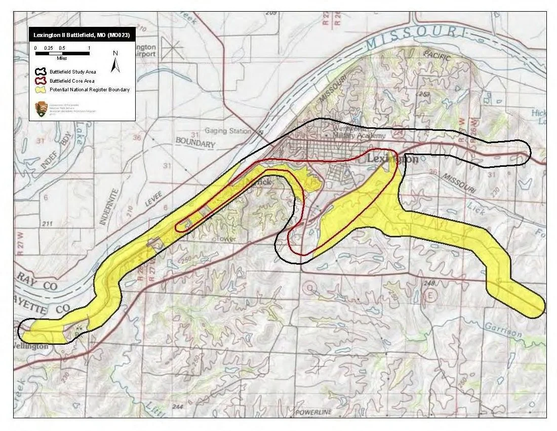 Map of battlefield core and study areas.
The ABPP expanded the 1993 Study Area to include the Union encampment, troop movements from the encampment down to the Old Fair Grounds south of town, the two Confederate approach routes from the east, and the routes of withdrawal used by Union and Confederate forces to the west (the routes of withdrawal end at a road intersection described in the reports of the engagement found in The War of the Rebellion: a Compilation of the Official Records of the Union and Confederate Armies).
The ABPP reduced the 1993 Core Area slightly in the north and south to illustrate more accurately where fighting occurred. The Core Area was extended to the west to reflect the extent of the fighting during the Federal retreat.