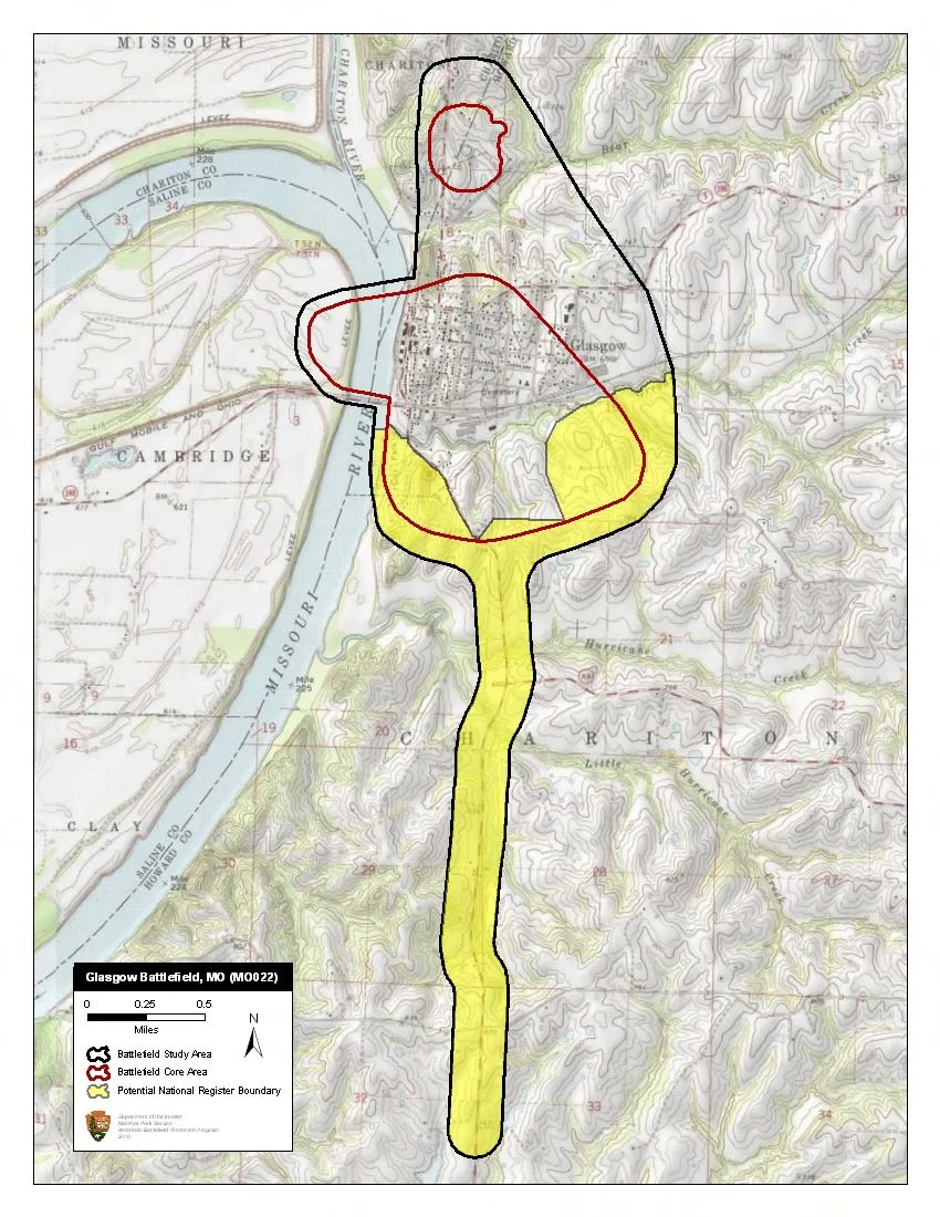Map of battlefield core and study areas.
Although the battlefield was surveyed in 1993, the CWSAC did not delineate a Study Area or a Core Area for Glasgow. The ABPP’s new Study Area includes 1) the location of Shelby’s battery on the west side of the Missouri River, 2) Clark’s approach from the south (starting from the position where the Confederates first heard Shelby's guns shelling the town), 3) the main engagement area south of the town, 4) areas of troop movement east and north of town, and 5) the cavalry engagement north of town.
Two Core Areas have been identified. The larger Core Area represents the main area of fighting, which includes the Confederate line of battle and batteries to the south, the fields of fighting to the south and east of the town, and locations where fighting took place within the town itself. This Core Area extends to the west to include the location of Shelby's guns. The second, smaller Core Area represents the location where elements of Hardin’s cavalry defended the northern approach into the town of Glasgow from attacking Confederate horsemen commanded by Colonel Robert Lawther.