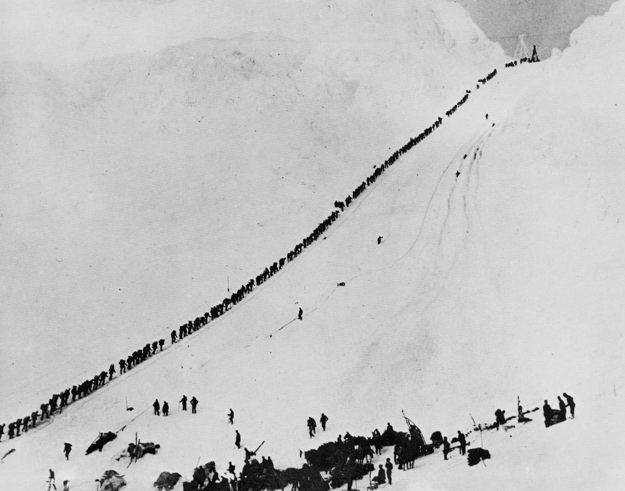 Possibly of the Dyea-Klondike Transportation Company. Caption on image: "Power house showing tramway in operation, Dyea Trail" Original image in Hegg Album 1, page 17. Original photograph by Eric A. Hegg 84; copied by Webster and Stevens 20.A.
Subjects (LCTGM): Aerial tramways--Alaska; Trails--Alaska; Power plants--Alaska
Subjects (LCSH): Chilkoot Trail