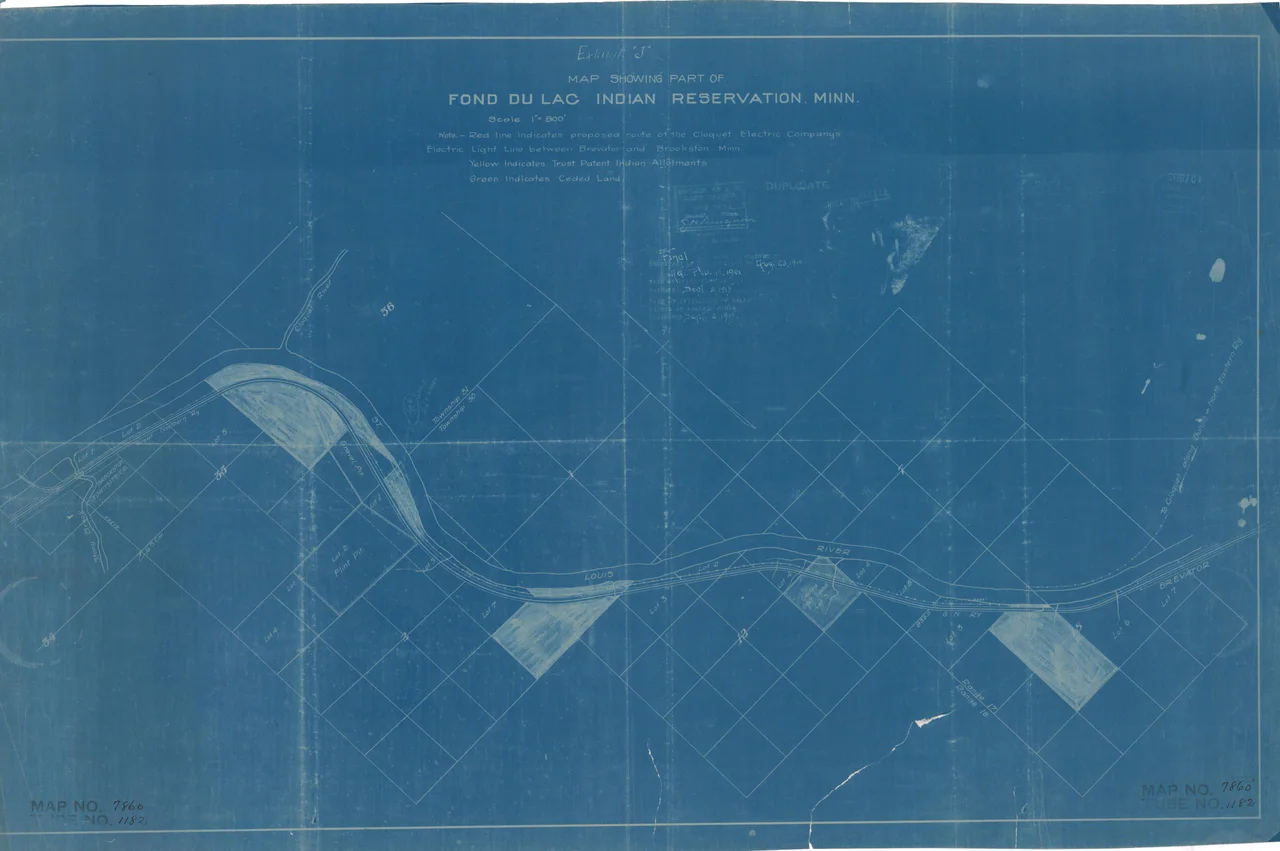 This map shows the proposed route of the Cloquet Electrical Company's Electric Light Line between Brevator and Brookston, Minnesota. It also shows Trust Patent Indian Allotments and Ceded Lands.