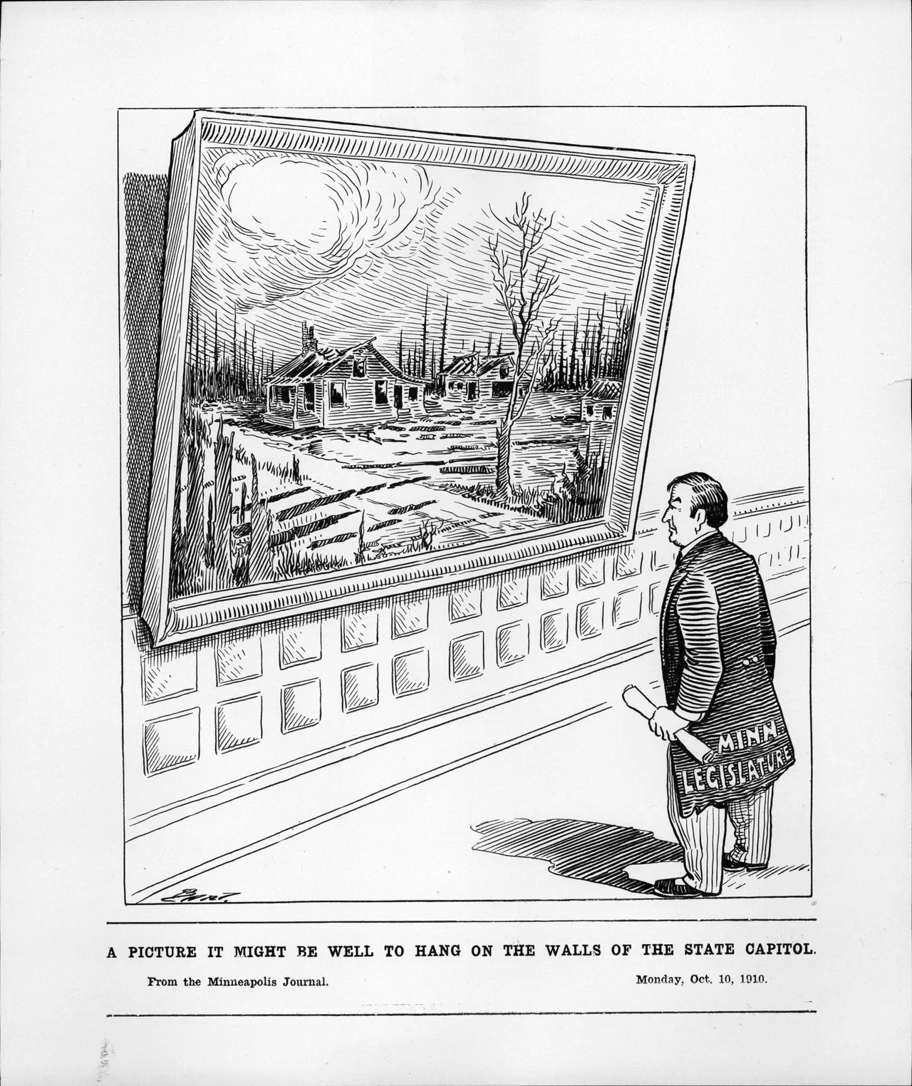 A man, whose coat is labelled Minn Legislature, is standing in front of a large framed picture hanging on the wall. The picture appears to be the damage of a fire in a small community. The Minneapolis Tribune reported on October 9, about a fire in Beltrami county which claimed 250 lives.
