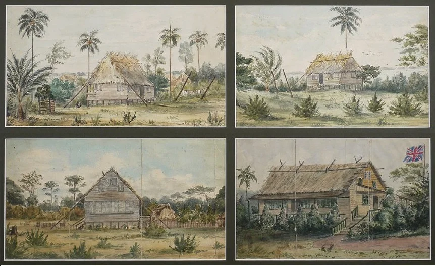 Four watercolors showing dwellings in Bluefields on the Mosquito Coast (also Mosquito Shore), then a British protectorate. They are the work of a traveler who was in Bluefields in July 1845.
The same year these watercolors were done, the new Miskito boy king and his guardian, the British Agent, settled in Bluefields, which had been chosen as the "capital" of the Miskito Coast. German Moravian Church colonists settled there early in 1847 but nearly all had left three years later.
"Bluefields is the capital of Mosquitia. It is situated on the river and lagoon of the same name. In the midst of the palms bordering the river is the residence of the king, and his English tutor or guardian, over which floats the British flag. At some distance from this is the House of Justice, which is under the Mosquitia flag." (Belize newspaper article from the late 1840s)