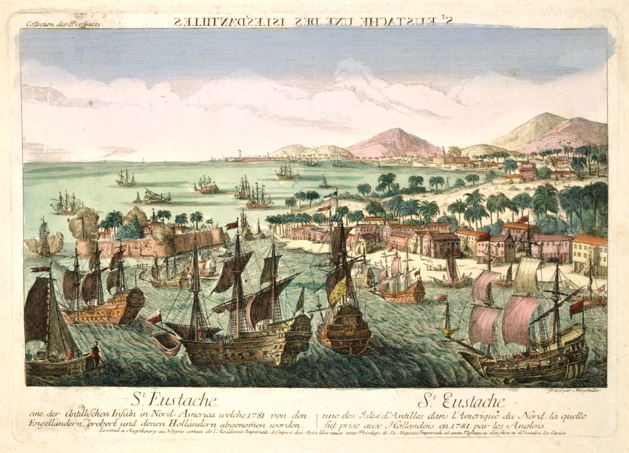 German print color of the island of St. Eustatius. Text in French and German. The shape of the vessels suggests the resumption of an older image, probably from the late seventeenth century.
As a peep show card it shows the header in mirror writing:
The island of St. Eustatius taken by the English fleet in February 1781. The island was pillaged by the troops of George Rodney