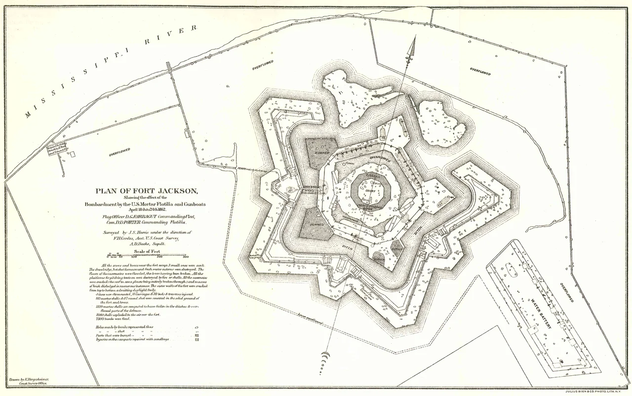 Plan of Fort Jackson showing damage from the mortar and gunboat bombardment from April 18th to 24th, 1862. Plan drawn by F. Hergesheimer of the Coast Survey Office, Survey by J.S. Harris. This is a high resolution scan from the Official Records of the Union and Confederate Navies, 1904, Page 373.