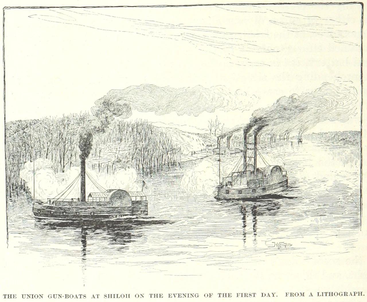 The gunboats USS Lexington and USS Tyler on the Tennessee River in the evening of the first day of the Battle of Shiloh. (Which is which, the uploader cannot tell).
