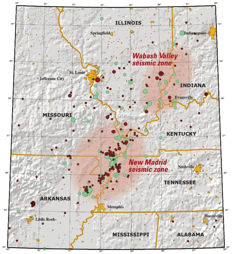 This map of the New Madrid and Wabash Valley seismic zones shows earthquakes as circles. Red circles indicate earthquakes that occurred from 1974 to 2002 with magnitudes larger than 2.5 located using modern instruments (University of Memphis). Green circles denote earthquakes that occurred prior to 1974 (USGS Professional Paper 1527). Larger earthquakes are represented by larger circles.
