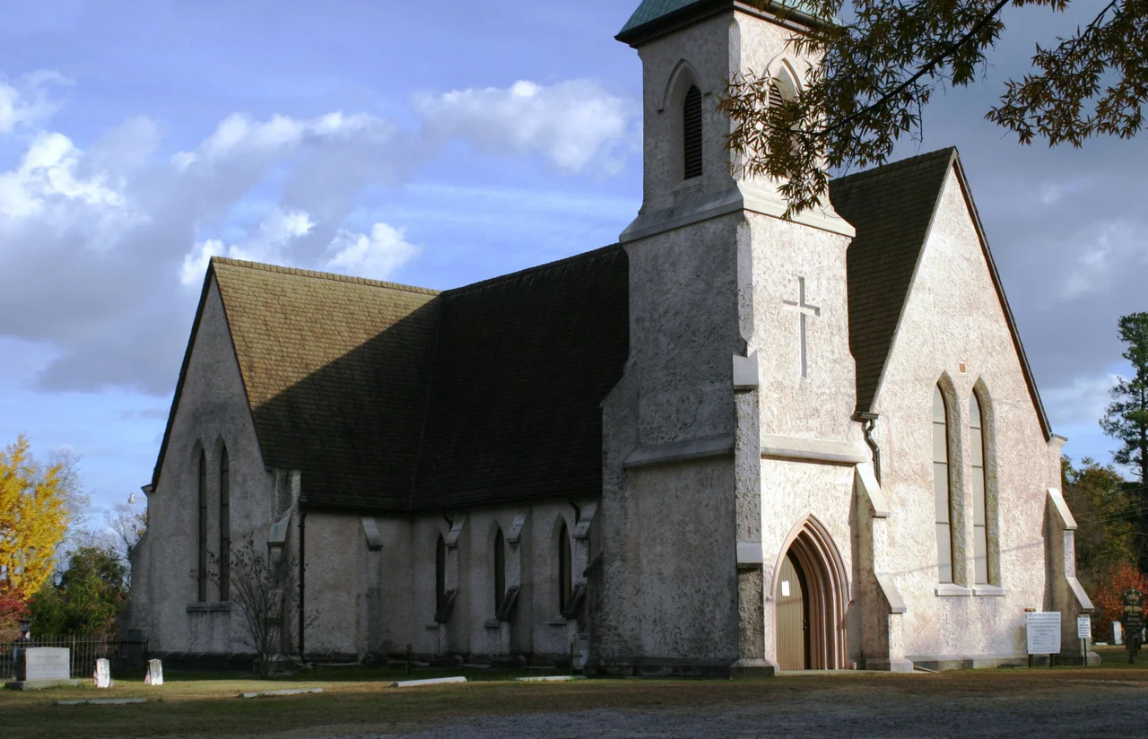 Historic Church of the Holy Cross — within the Stateburg Historic District, in Stateburg of the High Hills of the Santee, in Sumter County, South Carolina.
Built of rammed earth in the 1850s.
