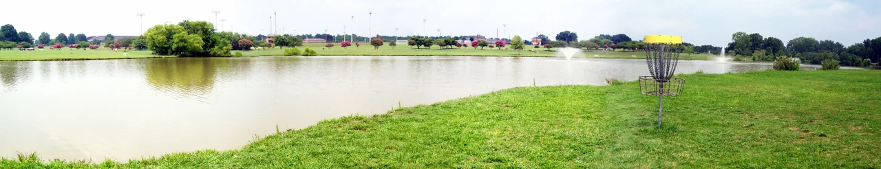 Panoramic photograph of the disc golf courses at Winthrop University. This is basket #17 on both the Lakefront and Gold courses.