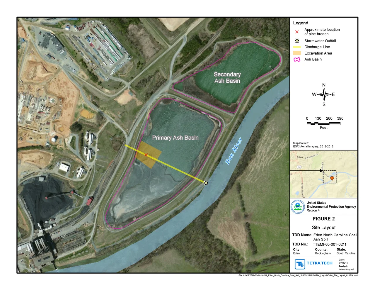 Annotated aerial photo of site of coal ash spill (2014 Dan River coal ash spill) at Dan River Steam Station (Duke Energy), Eden, North Carolina.