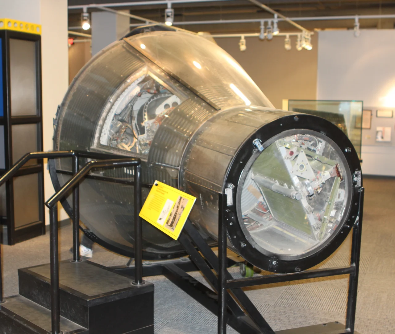 Mercury-Atlas 5 capsule held Enos, a chimpanzee, as he orbited the earth twice on November 29, 1961. This flight was the final test before John Glen's first U.S. orbiting human.  Here the capsule is on display at the North Carolina Museum of Life and Science.