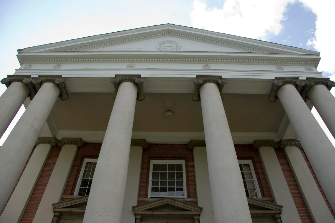 The front columns of Wiley Hall, the main administration building, on the Emory & Henry Campus