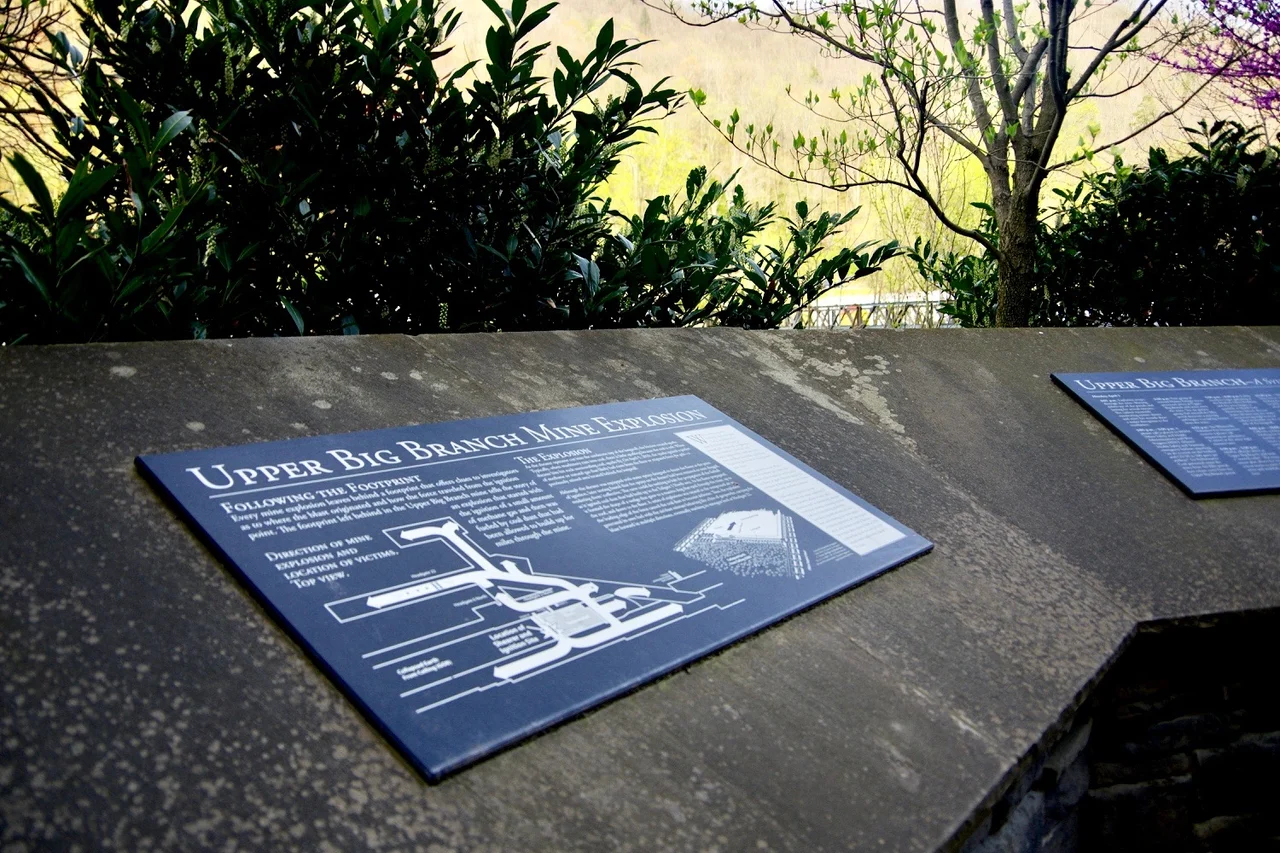 Interpretive sign at the Upper Big Branch Miners Memorial in Whitesville, West Virginia, United States. The sign recalls a mine disaster that occurred in nearby Montcoal in April 2010.