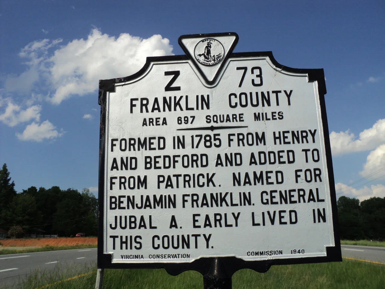 Historic marker for Franklin County, Virginia, Virginia Conservation Commission.