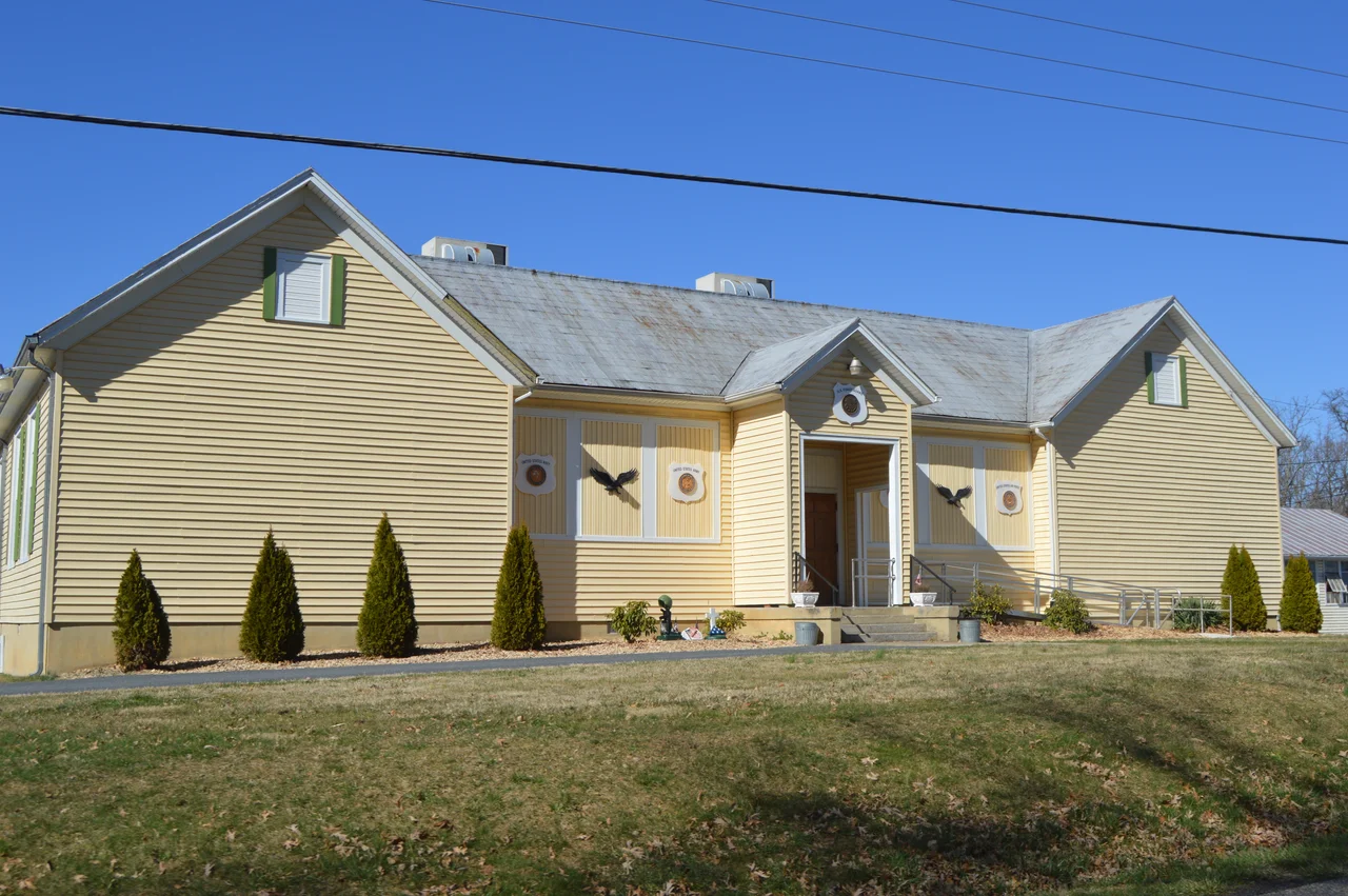 Front of the Augusta County Training School (now home to the American Legion), located on Cedar Green Road just west of Staunton in Augusta County, Virginia, United States. Built in 1938, it is listed on the National Register of Historic Places.