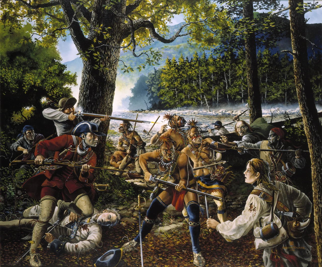 Twenty Brave Men by Jackson Walker for the state of West Virginia, 1756. Note: Hampshire County, West Virginia, Spring 1756..During the 18th century, Britain and France were engaged in an almost continuous struggle to see which nation would be the world's dominant military power. Wars between the two spilled over to their North American colonies. By the middle of the century the great prize, claimed by both sides, was the Ohio Valley. If France could successfully hold it as part of Canada, the 13 English colonies would not be able to expand west of the Appalachian mountains. In 1755, Britain sent troops to drive the French from the Ohio country. But Major General Edward Braddock's force of 2,000 British regulars and Virginia militia was ambushed and routed by a French force which included 650 Ottawa and Potawatamie Indians. Braddock's disastrous defeat left the British frontier undefended. The French organized their Indian allies into raiding parties led by French officers, spreading death and destruction throughout the Pennsylvania and Virginia frontier. In Virginia, hundreds of terrified settlers in the northern Shenandoah Valley fled east; those that remained gathered together in fortified houses or log forts. Militia officers were sent west to organize the settlers for defense and to recruit for the regiment of full-time troops which would serve with the British Regulars. In the spring of 1756, Captain Jeremiah Smith of Albermarle County arrived in Hampshire County, Virginia, then on the western edge of settlement and today part of West Virginia. He was just in time . . . a party of about 50 Indians, with a French captain at their head, crossed the Alleghany Mountains. . . Captain Jeremiah Smith raised a party of twenty brave men, marched to meet this. . . foe, and fell in with them at the head of the Capon River, when a fierce and bloody battle was fought. Smith killed the captain wtih his own hand; five other Indians having fallen. . . they gave way and fled. Episodes such as this were repeated scores of times in the frontier counties of what is now West Virginia, which also supplied recruits for the full-time Virginia Regiment. The spirit of these citizen-soldiers of the French and Indian War is carried on today by the men and women of the West Virginia Army National Guard.