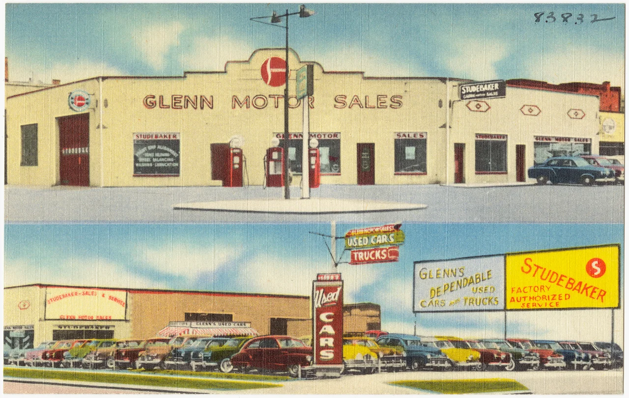 File name: 06_10_014608
Title: Glenn Motor Sales, 600 Saginaw St., Bay City, Mich.
Date issued: 1930 - 1945 (approximate)
Physical description: 1 print (postcard) : linen texture, color ; 3 1/2 x 5 1/2 in.
Genre: Postcards
Subject: Automobile service stations
Notes: Title from item.
Collection: The Tichnor Brothers Collection
Location: Boston Public Library, Print Department
Rights: No known restrictions