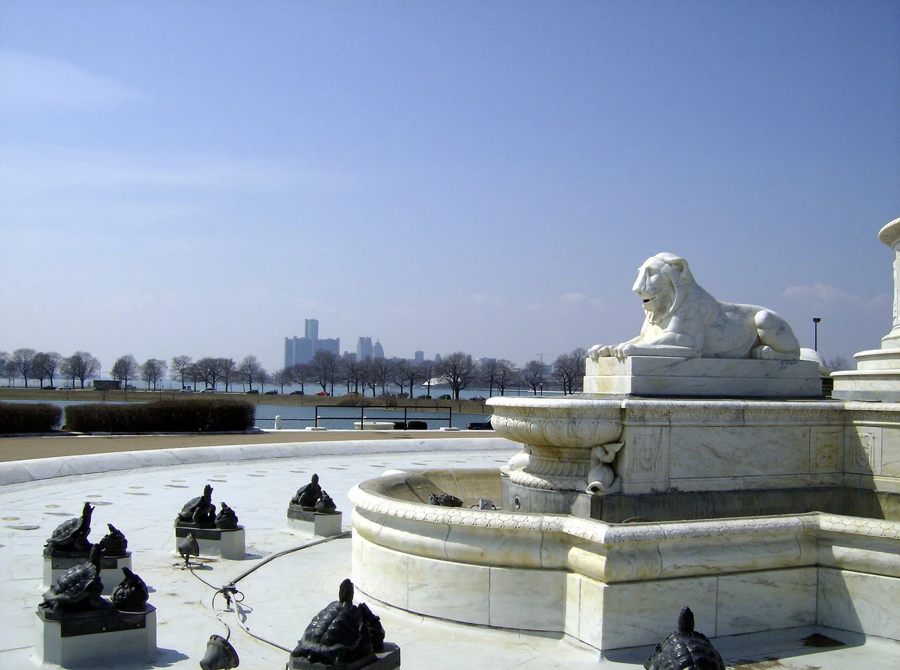 The James Scott Memorial Fountain in Belle Isle Park, Detroit, Michigan, United States, drained dry.
