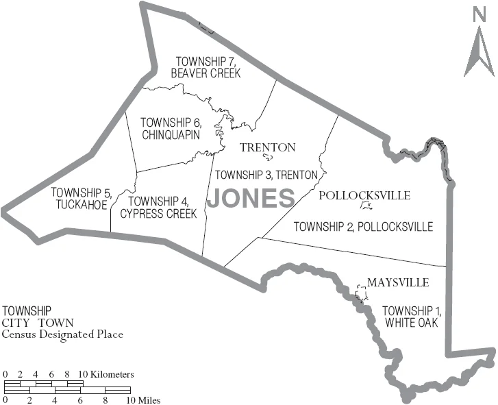 Map of Jones County, North Carolina, United States with township and municipal boundaries