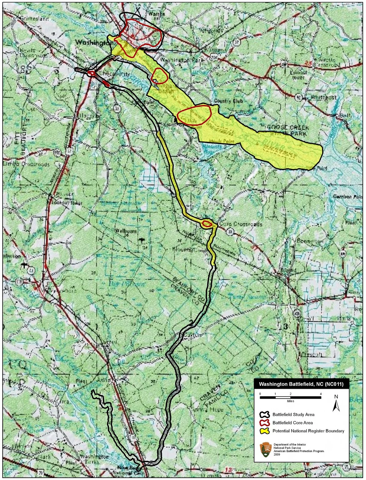 Map of battlefield core and study areas.
The ABPP made substantial changes to the 1993 battlefield boundaries. Core Areas were added to describe areas of naval bombardment and locations of Confederate delaying actions along the Federal approach to Washington.
The Study Area was expanded to accommodate the new Core Areas, to reflect the areas in which Federal naval forces operated, and to illustrate the approach route of the Union army’s relief column.