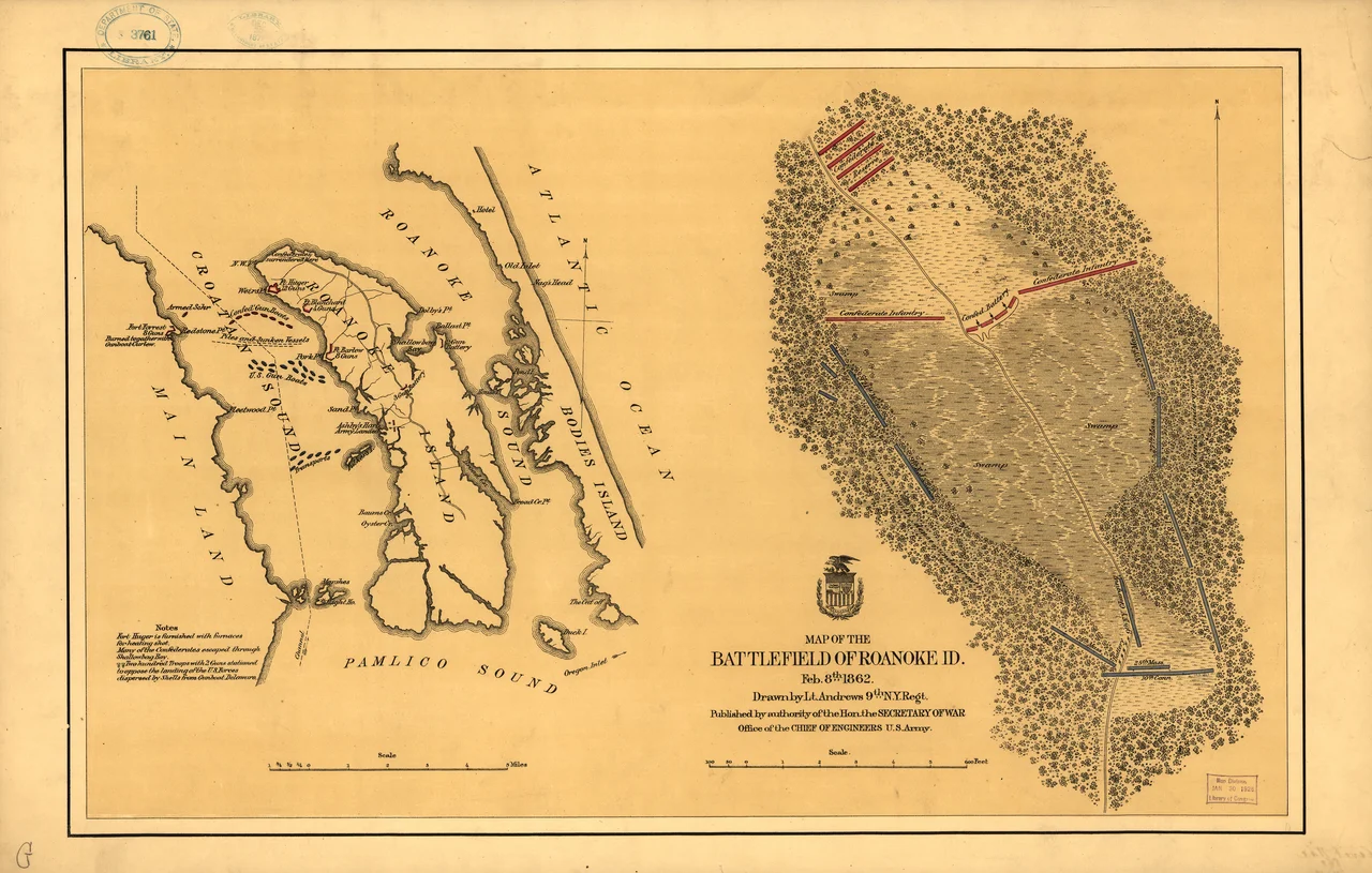 Maps of Roanoke Island and the battlefield on the island, showing Confederate defenses and attacking Union forces. Copied and reduced in size from Library of Congress.[1]