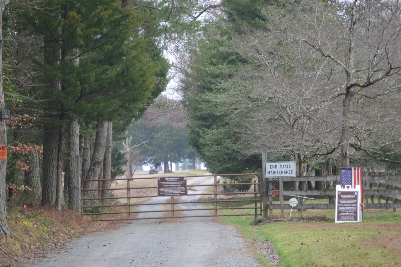Looking down the driveway toward the site of Werowocomoco, located at the end of Ginny Hill Road west of Gloucester Courthouse in Gloucester County, Virginia, United States. Now owned by the National Park Service, the site is an archaeological site and has been listed on the National Register of Historic Places.